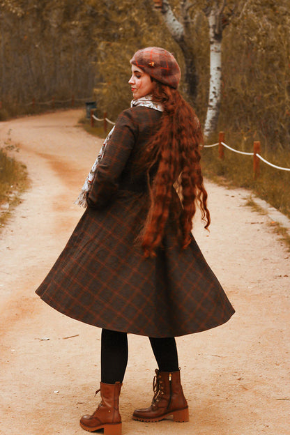 Brown Plaid Wool Midi Dress - Fit and Flare Silhouette 4740