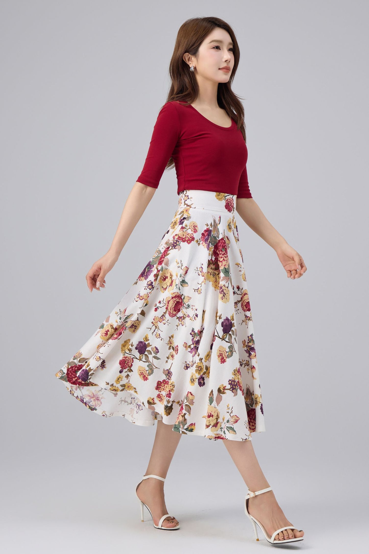White Floral Cotton Linen Midi Skirt - High Waist, A-line Swing | Xiaolizi 6764