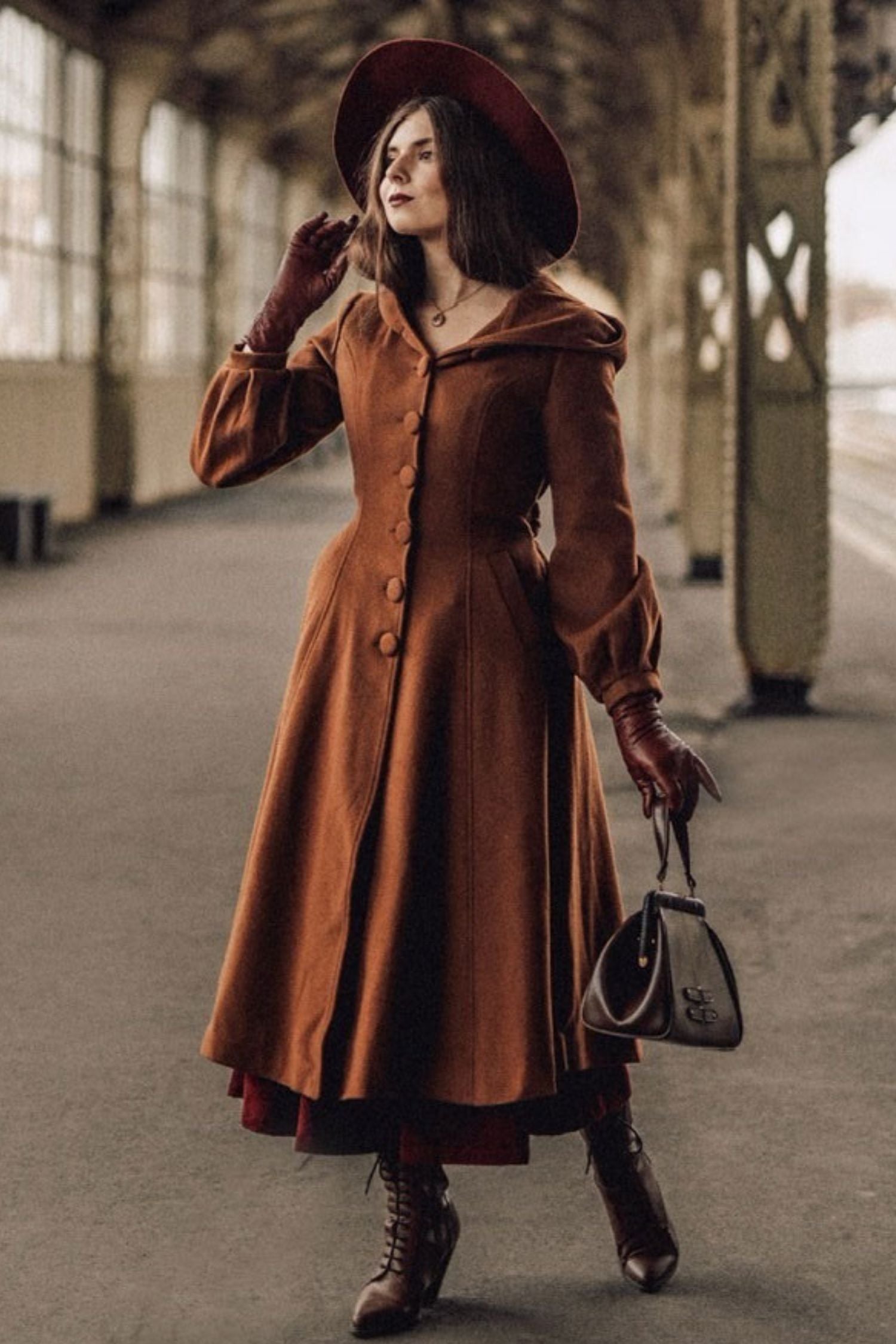 Hooded Wool Coat – Vintage Brown Swing Overcoat with Belt 3255 Brown / L