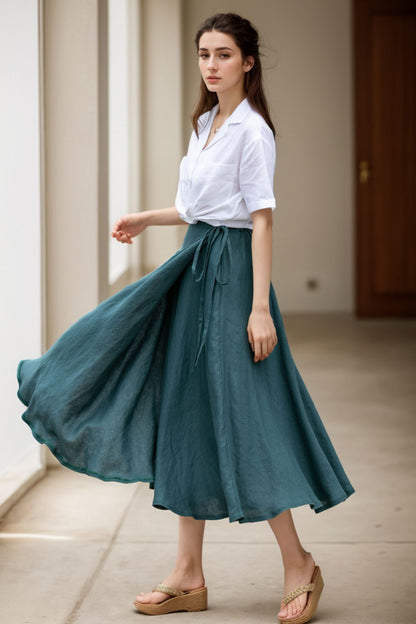 Green Linen Wrap Midi Skirt - Flowing Swing Silhouette 5137