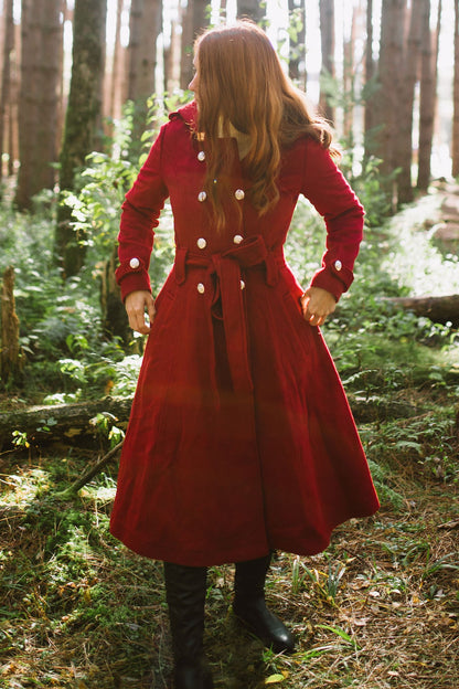 Burgundy Wool Coat Maxi - Hooded, Double Breasted, Self Tie Waist 3218