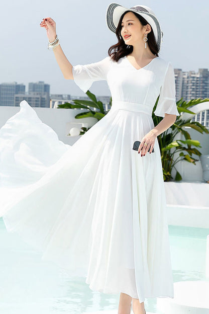 Chiffon Maxi Swing Dress - V-Neck Ruffle Sleeve Prom | Xiaolizi TT0039
