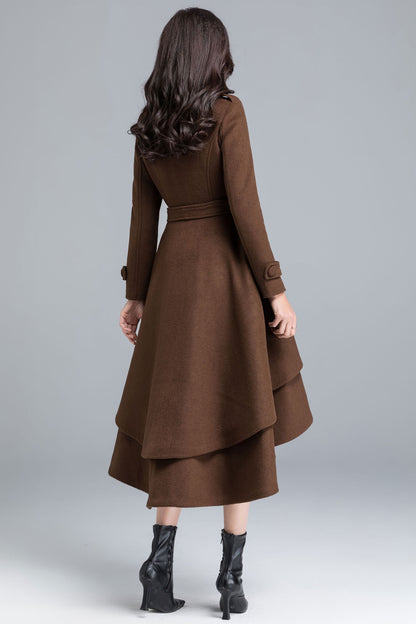 Brown Wool Coat - Asymmetrical Tiered Hem with Self Tie Belt c2491
