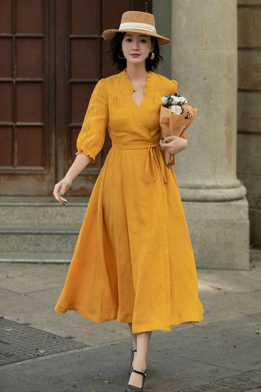 Yellow linen wrap dress with belted 5684