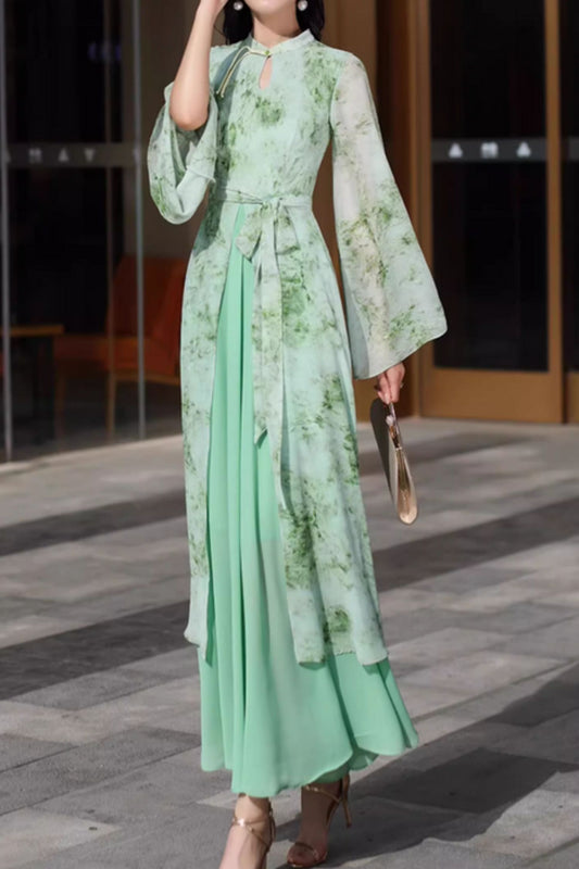 Green romantic long prom chiffon dress 5100