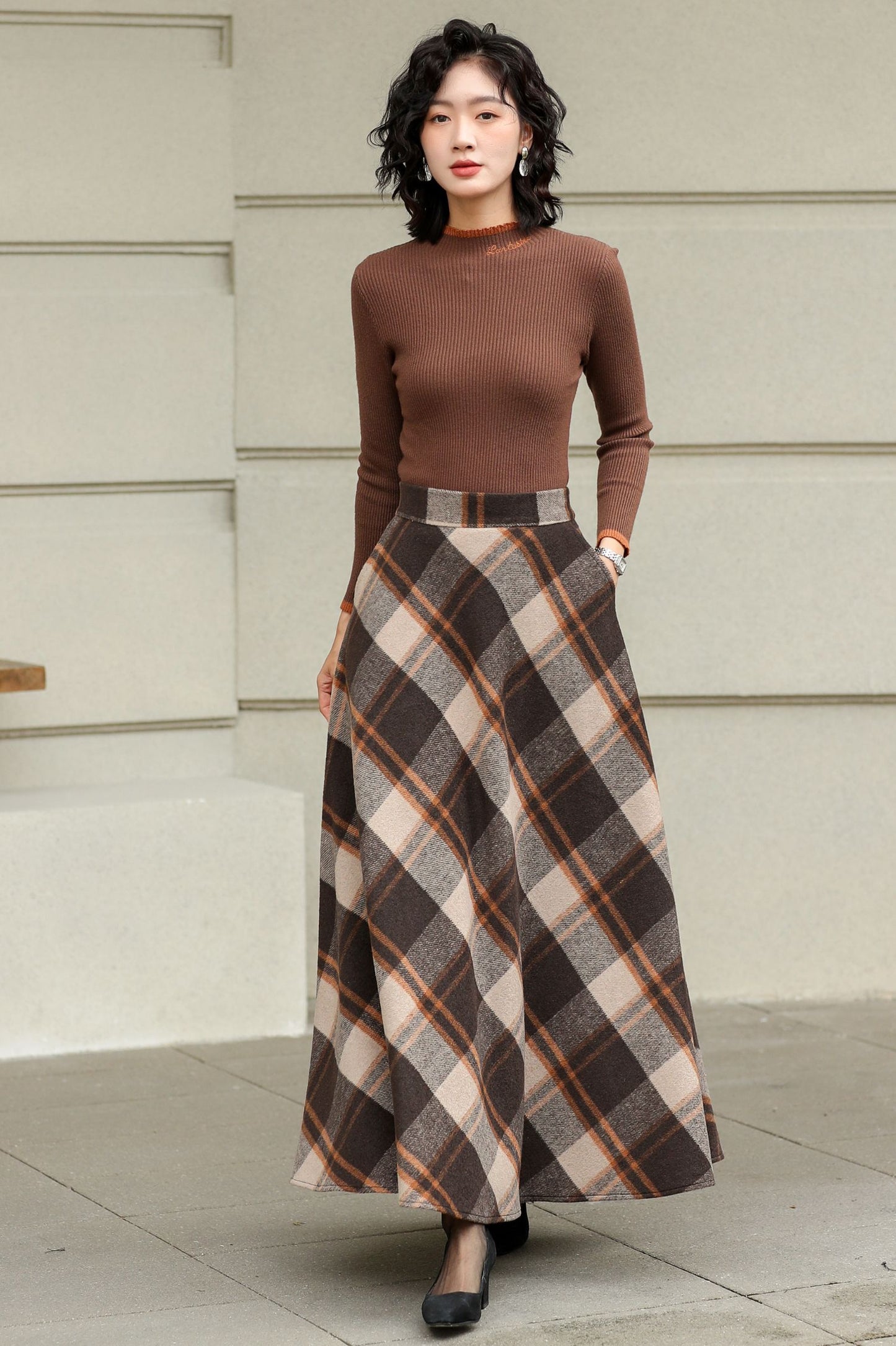 Plaid Wool A-Line Skirt – Brown Check Midi/Ankle Length, Handmade | Xiaolizi 6419