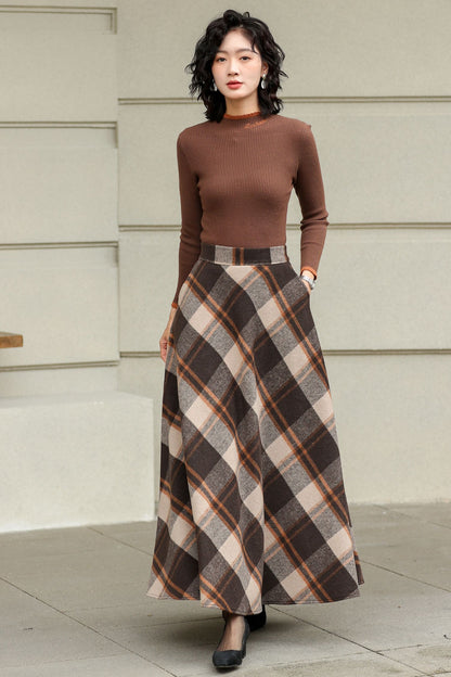 Plaid Wool A-Line Skirt – Brown Check Midi/Ankle Length, Handmade | Xiaolizi 6419