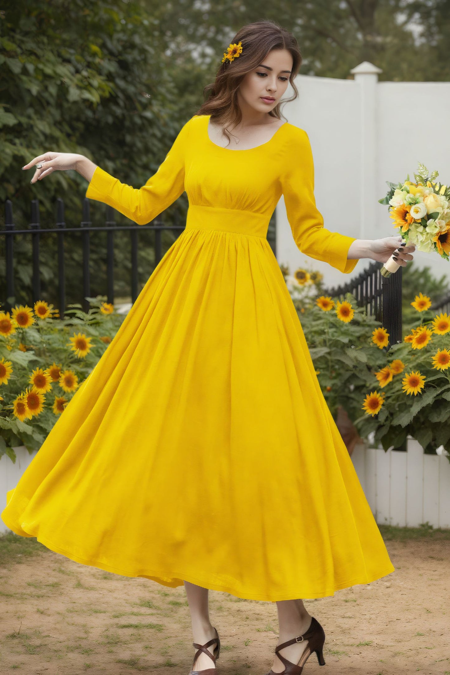 Yellow Linen Blend Dress - Long Sleeve Ankle | Xiaolizi 6719