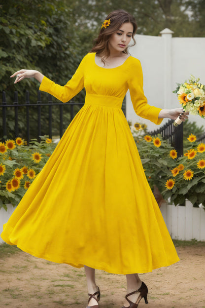 Yellow Linen Blend Dress - Long Sleeve Ankle | Xiaolizi 6719