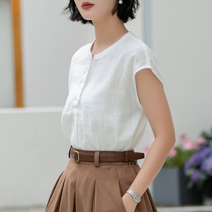 White Linen Blouse - Vintage Button Front with Subtle Ruffle Neckline 5992