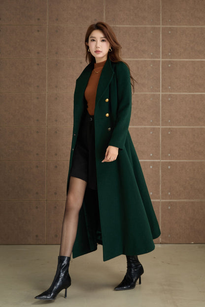 Green Wool Midi Coat - Fit and Flare Double Breasted Winter Outerwear 5368