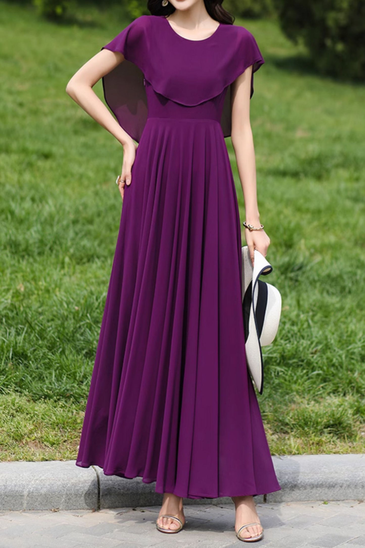 Prom purple chiffon dress with cape 4982