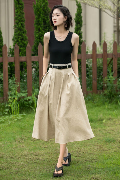 Pleated midi beige linen skirt with pockets 5237
