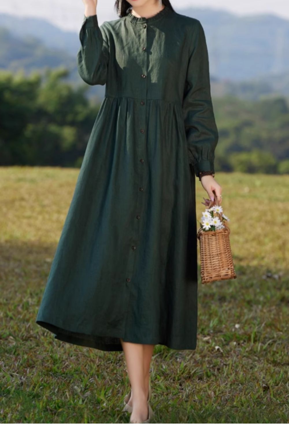 Long sleeves green midi button up linen dress women 4833