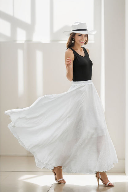 Boho Elastic Waist Pleated Maxi White Skirts 2718