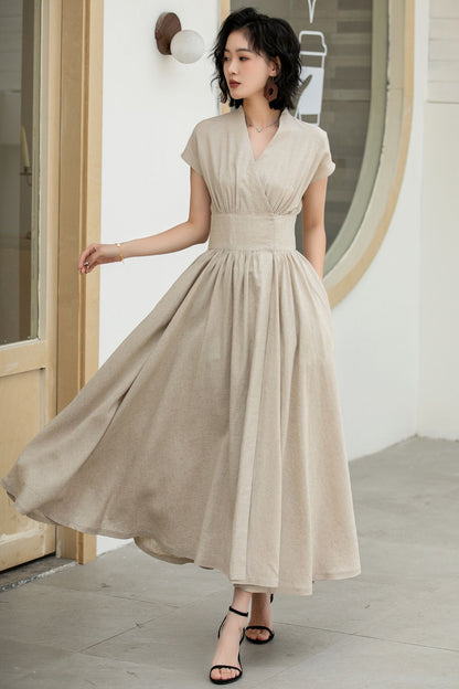 Beige Linen Wrap Dress – Short Sleeve Midi Dress with Belt & Pockets 5836