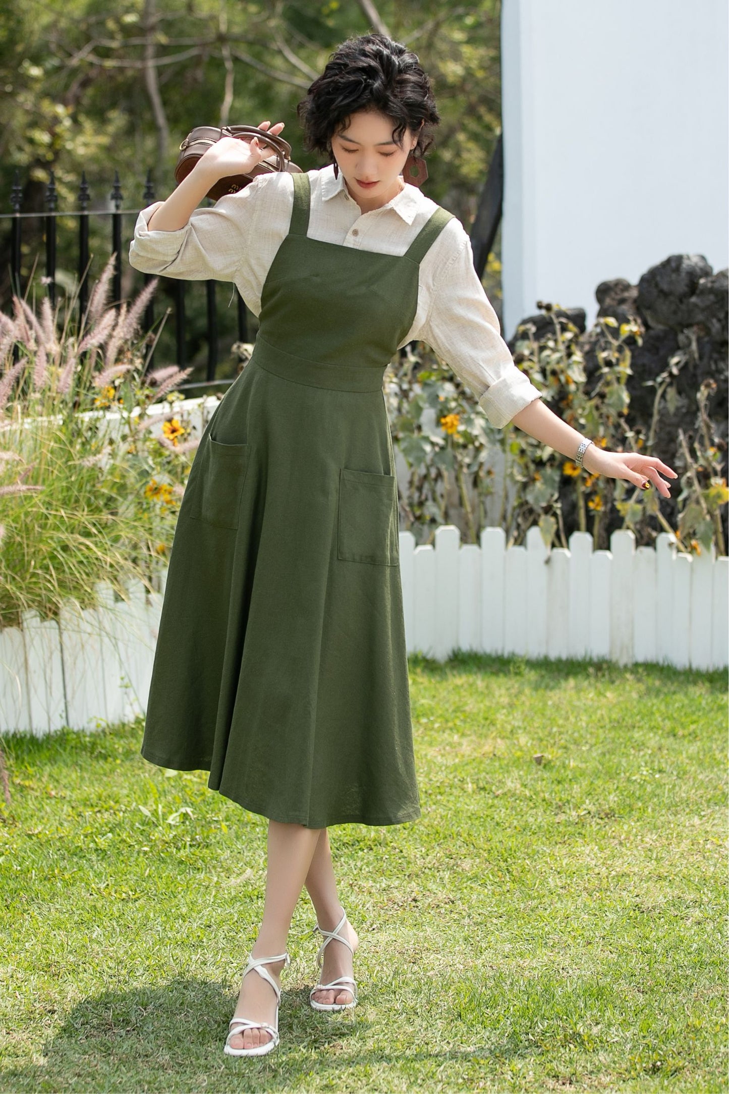 Olive Linen Cotton Pinafore Dress - Midi Fit Flare | Xiaolizi 6745