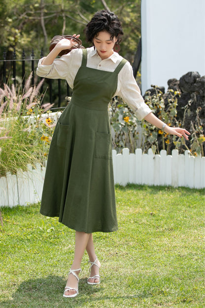 Olive Linen Cotton Pinafore Dress - Midi Fit Flare | Xiaolizi 6745