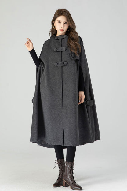 Handmade Dark Gray Wool Hooded Cape – Vintage Winter Cloak Coat with Pockets 4558