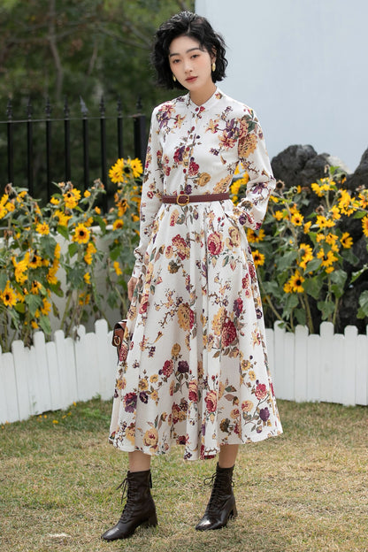 Xiaolizi Floral Linen Midi Dress – Vintage Mandarin Collar Shirt Dress 6691