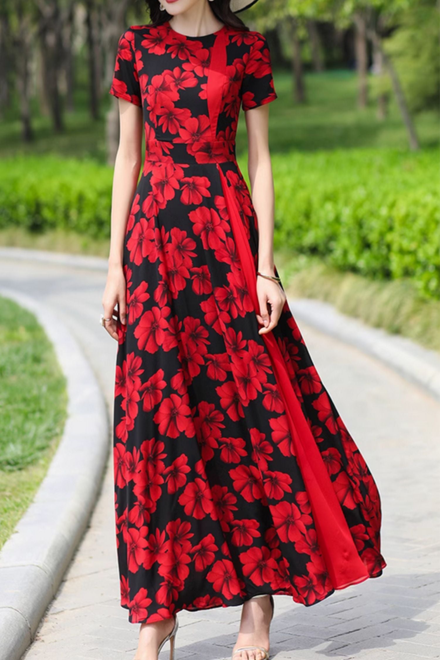 Chiffon Maxi Dress with Floral Patchwork in Black and Red