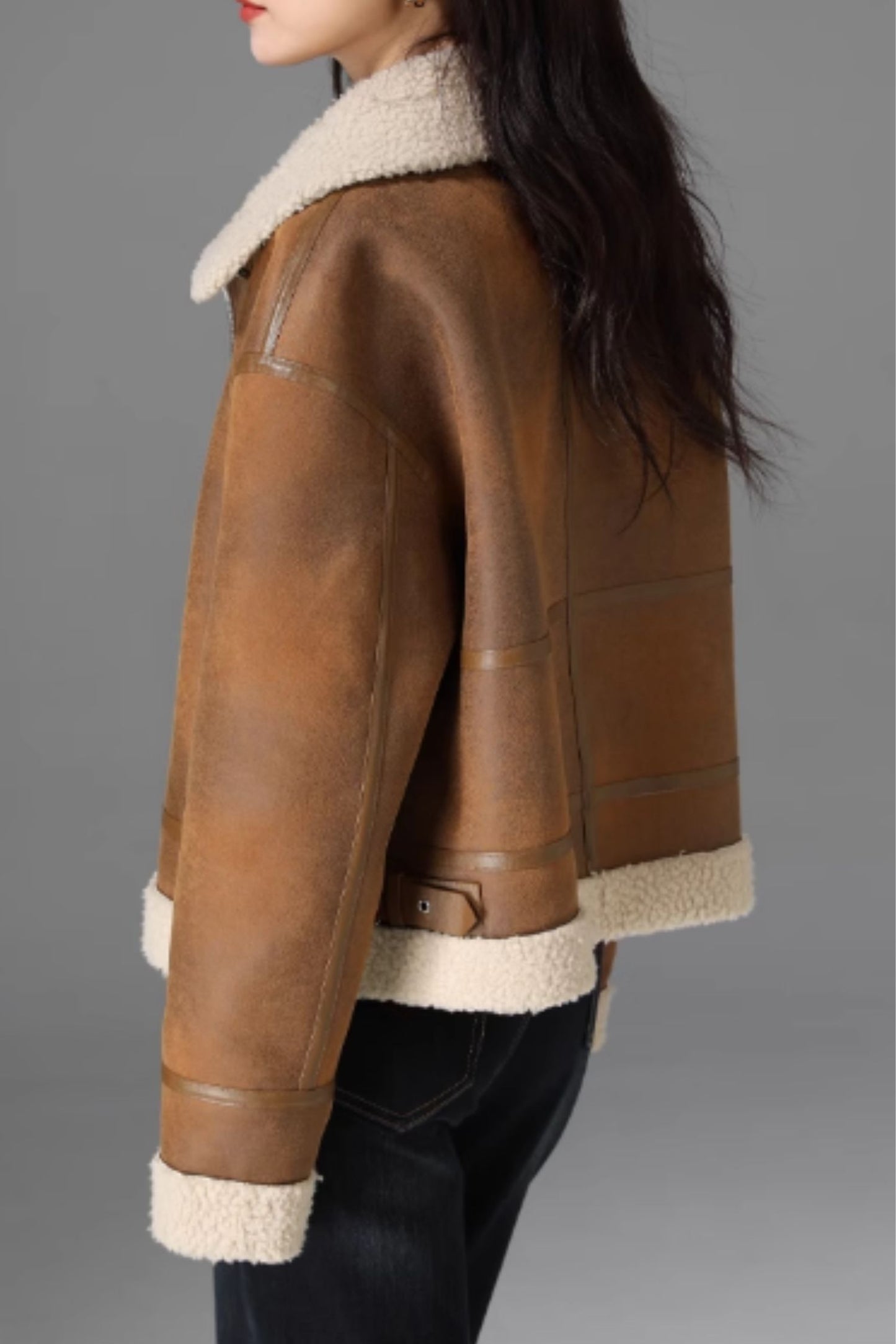 Women Brown Shearling Suede Leather Jacket 5473