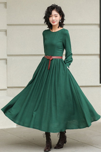 Green Linen Cotton Maxi Dress - Pleated Waist, Flowing A-Line Silhouette 6425