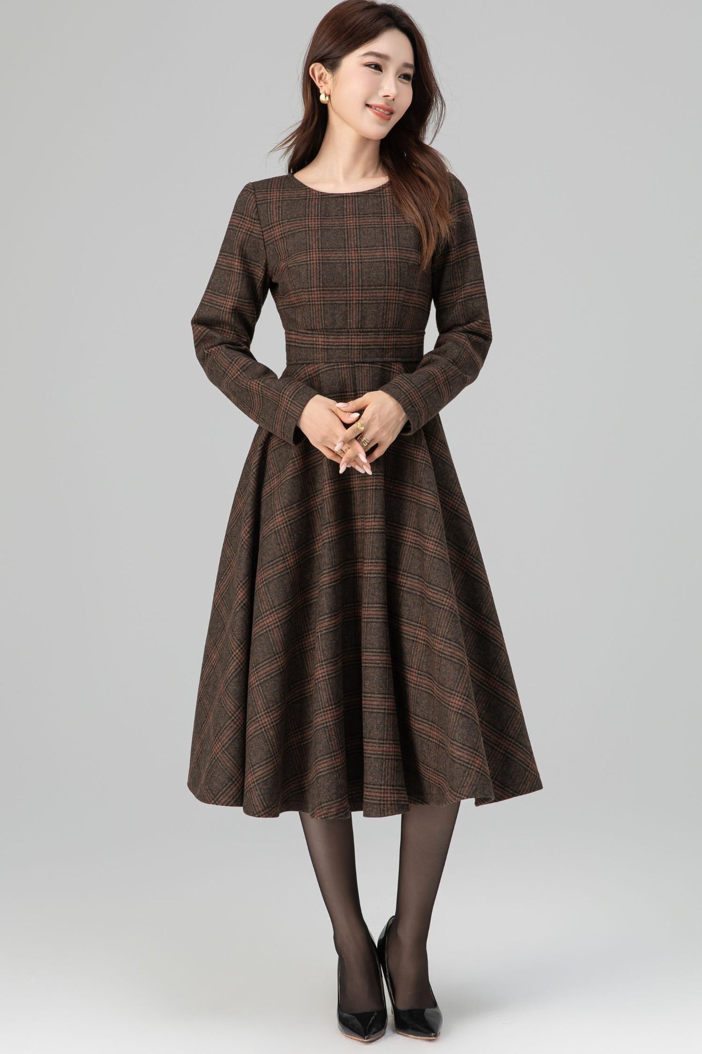 Brown Wool Blend Plaid Dress – Handmade Vintage Midi Winter Style | Xiaolizi 6391