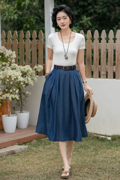 Xiaolizi Tencel Denim Midi Skirt – Vintage High Waist A-Line 6697 Size XS #CK2600181