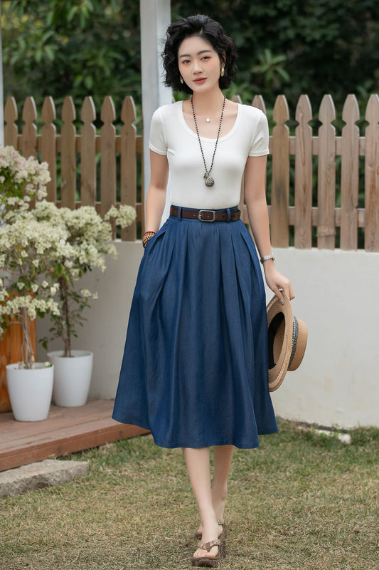 Xiaolizi Tencel Denim Midi Skirt – Vintage High Waist A-Line 6697