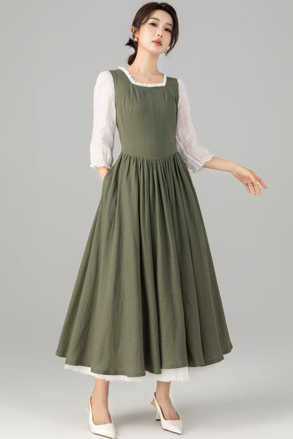 Army Green Linen Cotton Midi Dress - Square Neck Ruffle | Xiaolizi 5705