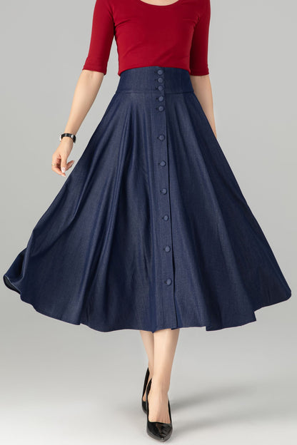 Navy Cotton Denim Midi Skirt - High Waist A-Line Button Front 5713