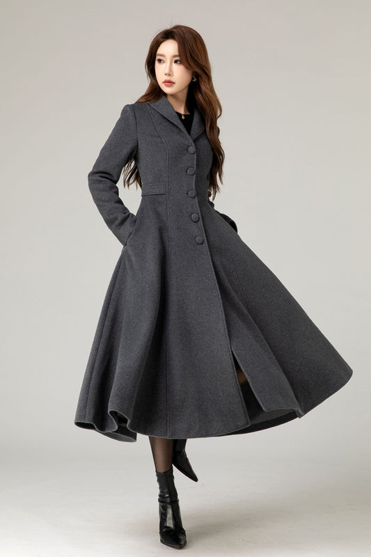 Gray winter long wool coat with pockets 5479