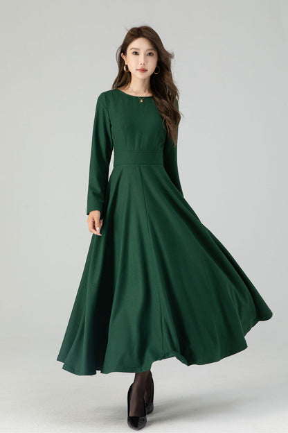 Green Wool Maxi Dress – Women’s Long Sleeve Fit and Flare Winter Dress 4551