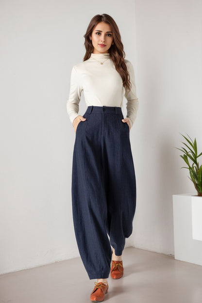 Navy Linen Wide Leg Pants - Lantern Style, Ankle Length 5900