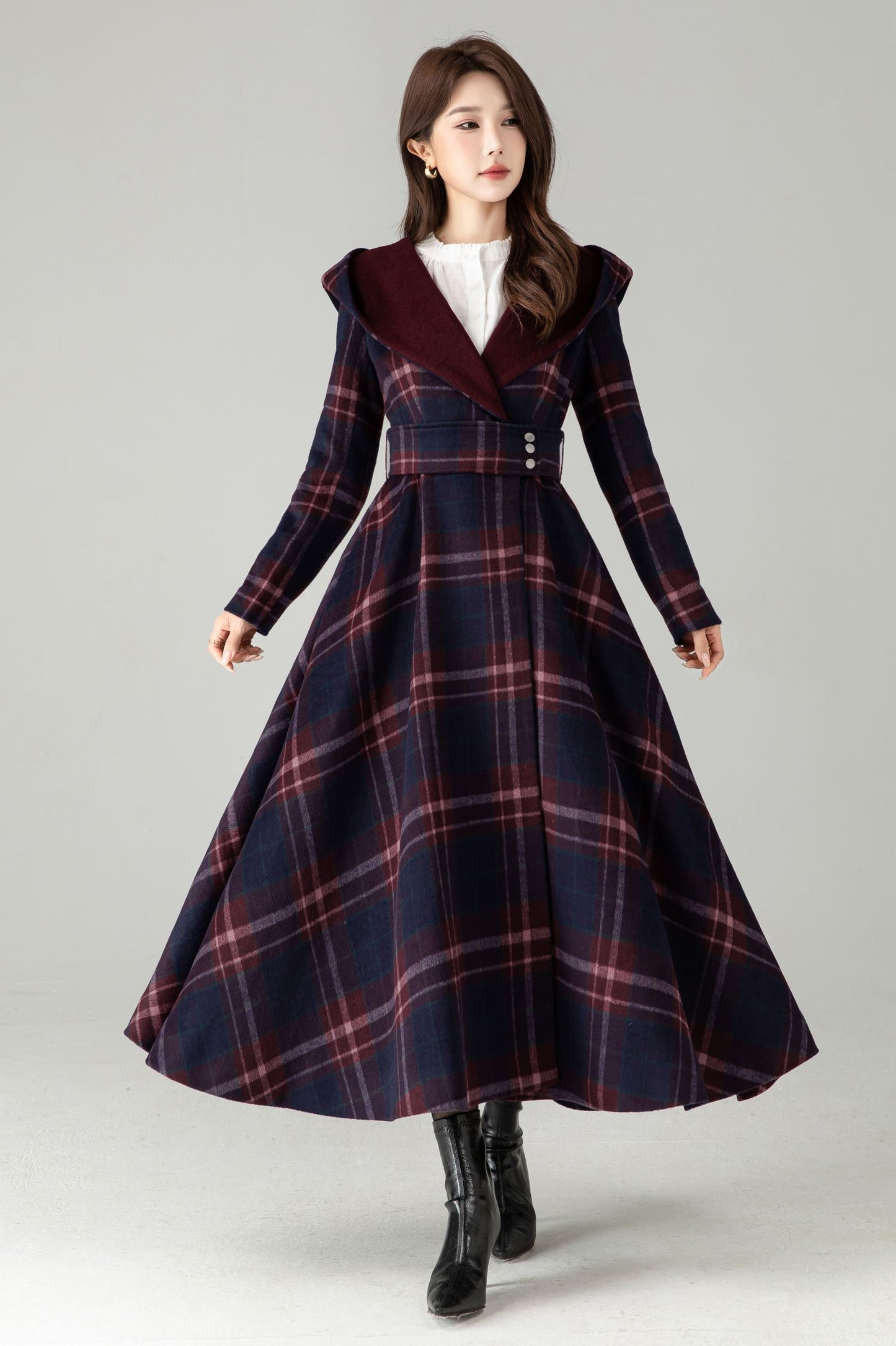 Plaid Hooded Wool Coat – A-Line Long Winter Coat with Contrast Lapel | Xiaolizi 6570