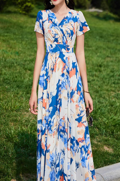Blue Floral Chiffon Maxi Dress - V-Neck, Fitted Waist 5039