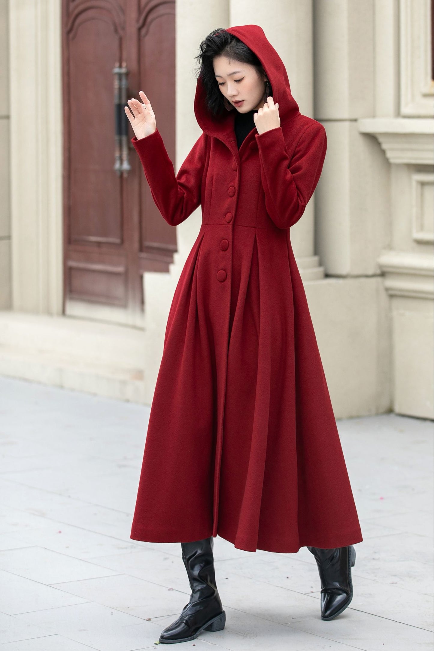 Long swing red winter wool coat women 5346