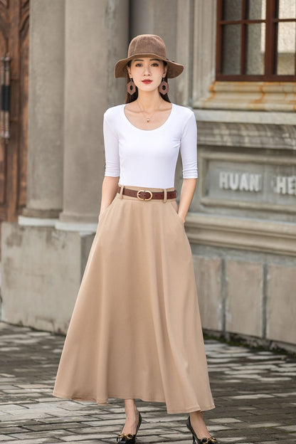 Handmade Women's Beige High-Waisted Linen Maxi Skirt  2780