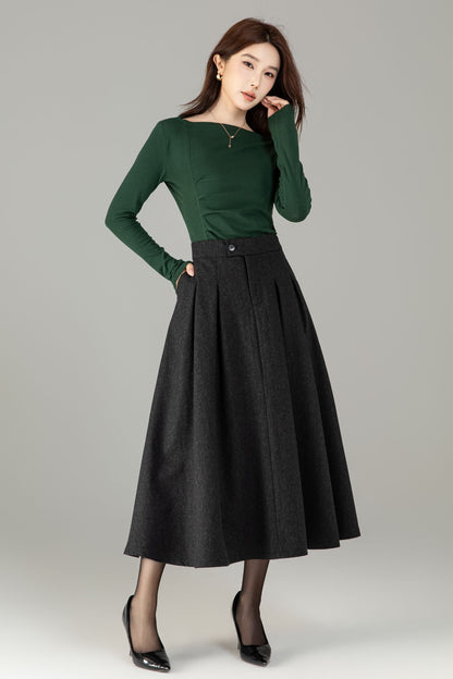 Xiaolizi Classic Pleated Wool-Blend A-Line Midi Skirt – Plus-Size Winter Black 6503