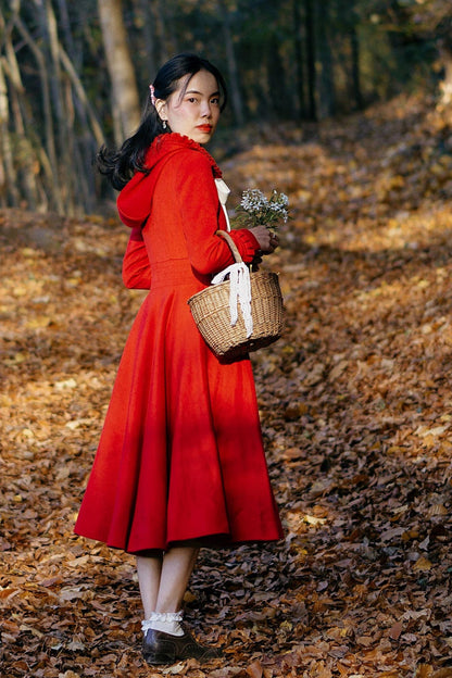 Elegant Red Wool Blend Hooded Winter Coat – Flared Midi Silhouette | Xiaolizi Outerwear 2497