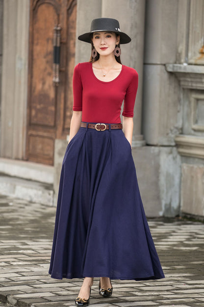 Navy a line Linen Maxi Skirt with Pockets  2778