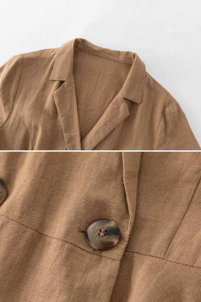 Khaki Linen Midi Wrap Dress - A-Line Silhouette with Pockets 6079