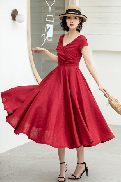 Red Linen Midi Dress - Fit and Flare A-Line with V-Neck 5831