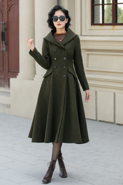 British Vintage Military Style Hooded Wool Coat for Women – Army Green Winter Overcoat 5461