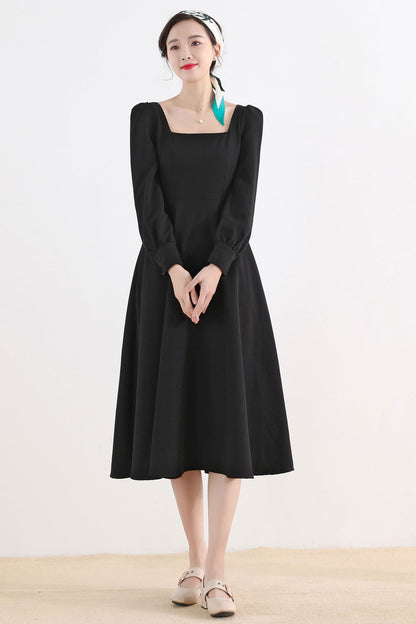 Black Linen Cotton Midi Dress - Square Neckline, Long Sleeve Swing 2514