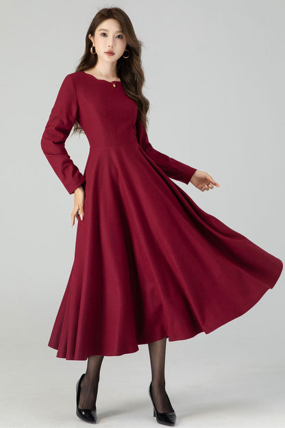 Burgundy Wool Midi Dress - Fit and Flare with Wave Neckline 4546