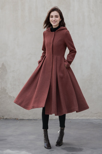 Hooded a line winter wool coat 5347