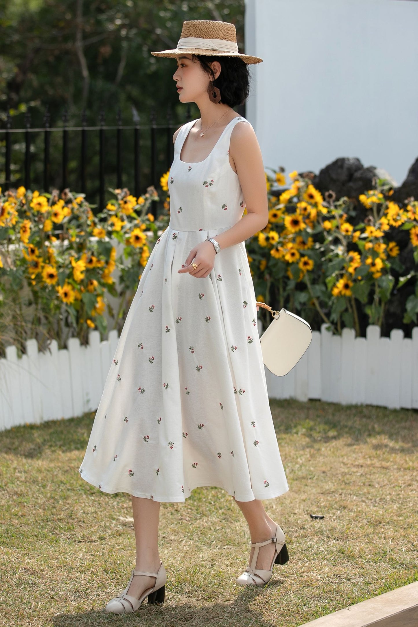 Xiaolizi Vintage Linen Midi Dress – Handmade Square Neck A-Line Summer Dress with Pockets 6685 -size XS #CK2600157