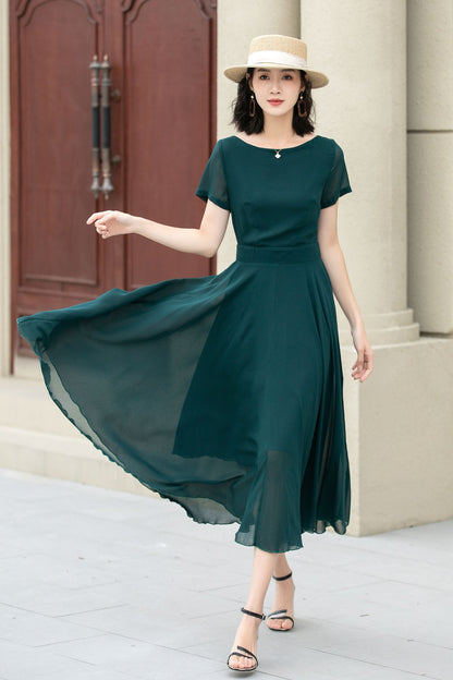 Emerald Green Chiffon Midi Fit and Flare Dress - Sheer Sleeve 5145